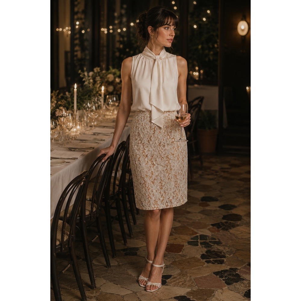 VTG Pencil Skirt 8 Cream Beaded Floral Lace Bridal Glam Coquette Cocktail Chic